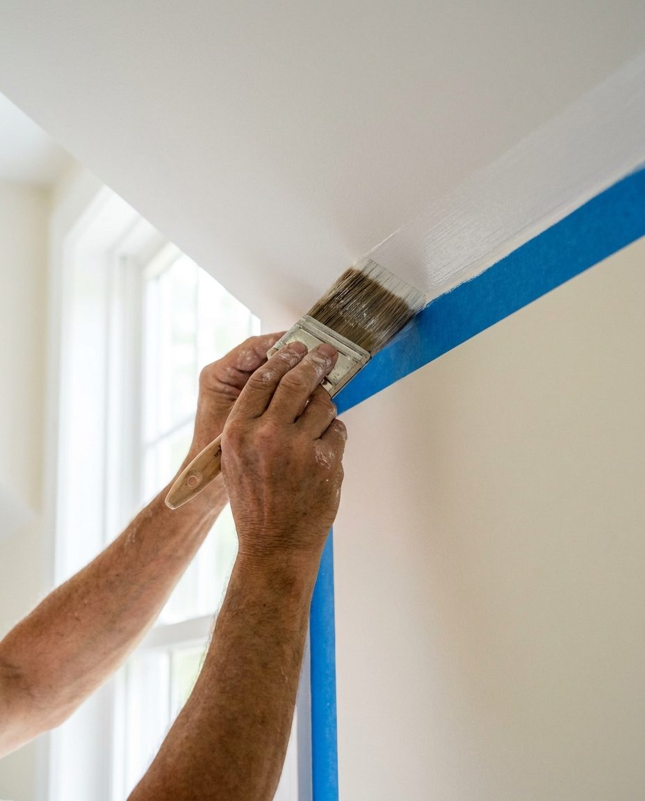 Pintor a recortar a linha entre parede e teto com trincha e fita de pintor